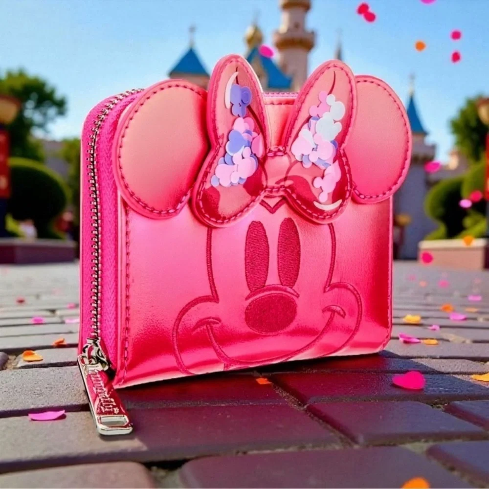 Pink Disney Minnie Mouse Loungefly Confetti Glitter Backpack and Wallet Set